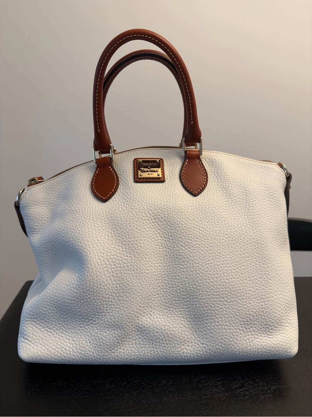Dooney & Bourke White Pebbled Leather Satchel with Brown Handles